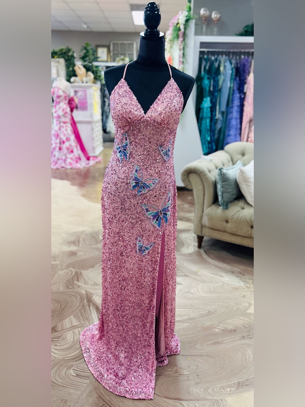 Rose Pink Sequin Butterfly Halter Prom Gown